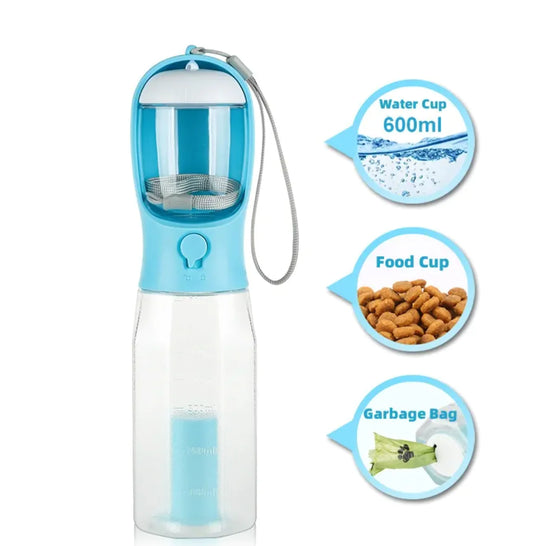 Botella 3-en-1 para Agua y Comida de Mascotas con Porta Bolsas de Residuos